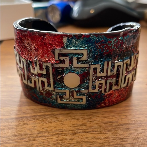 Colorful Geometric Cuff Bracelet with Mother of Pearl details - Picture 3 of 10